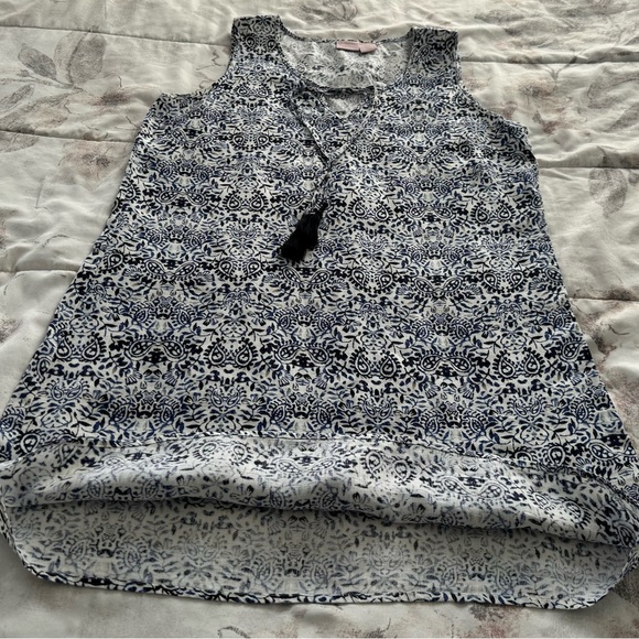 St. Tropez West 100% linen parsley print navy blue white dress, size M boho - Picture 11 of 16